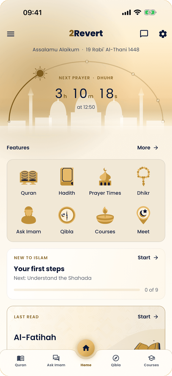 The 2Revert home screen: the next prayer, and the app’s features